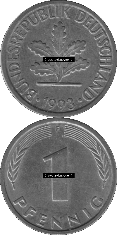 1 Pfennig Umlaufmünze in Graustufen PNG 1950-2001, 1 Pfennig 1993, 1990er Jahre Mzz. F Sammlung
