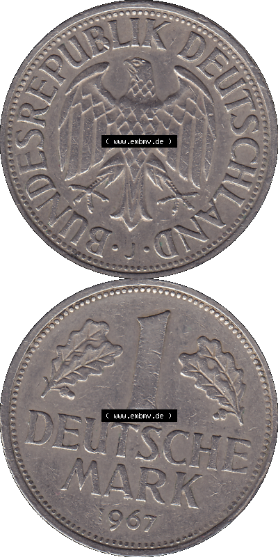 BRD Deutschland 1 / Eine DM - 1 Eine Deutsche Mark, 1967 Münzzeichen Hamburg Mzz J Sammlung