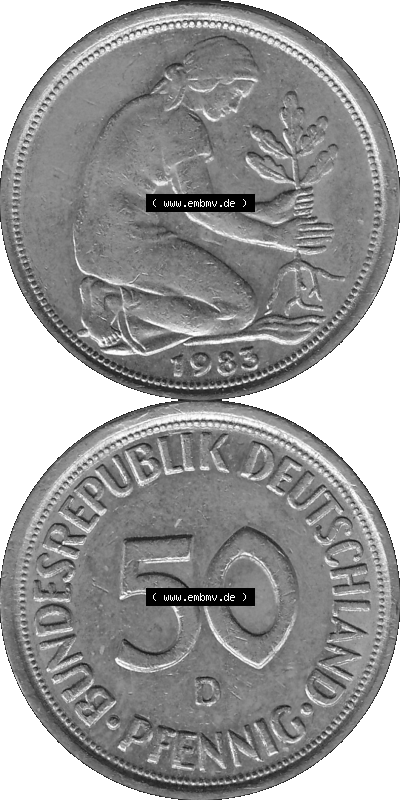 BRD Münzen Deutschland D 50 Pf. Umlaufmünze in Graustufen PNG 1950-2001, 50 Pfennig 1983 Münzzeichen "D" für München - "D" Sammlung