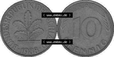 BRD Münzen 10 Pf. Umlaufmünze in PNG 1950-2001, 10 Pfennig 1988 D-10 Graustufen. Graustufen-Bilder der Vorderseite und Rückseite... Sammlung
