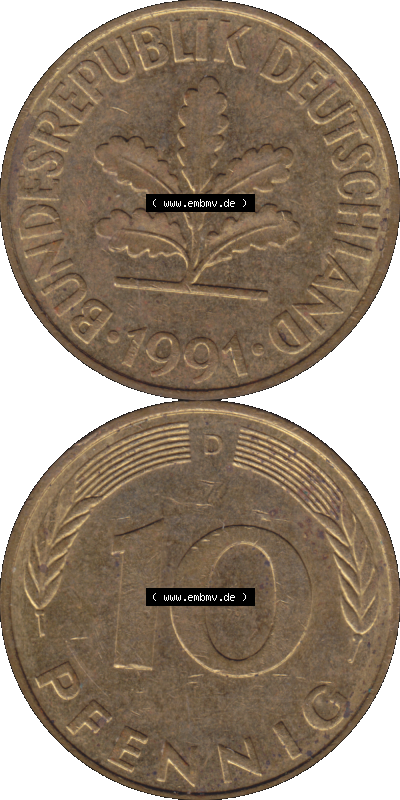 BRD Münzen 10 Pf. Umlaufmünze in PNG 1950-2001, 10 Pfennig 1991 D-10. Vorderseite und Rückseite auf einen Bild / Foto vertikal... Sammlung