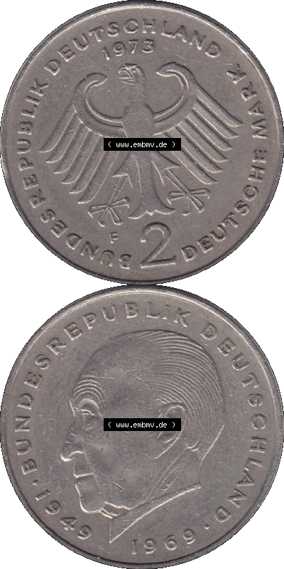 PNG 1969-1987, 2 DM, Deutsche Mark Konrad Adenauer 1973 Münzzeichen Mzz Stuttgart F Sammlung