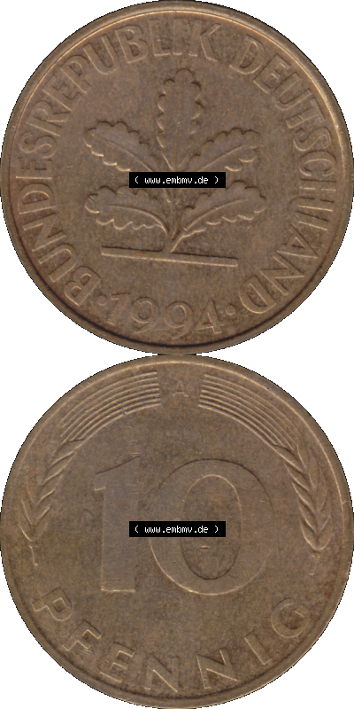 BRD Münzen 10 Pf. Umlaufmünze in PNG 1990-2001, 10 Pfennig 1994 A-01. Vorderseite und Rückseite auf einen Bild / Foto vertikal... Sammlung