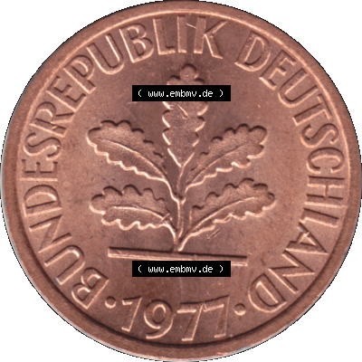 1 Pfennig Umlaufmünze in PNG 1950-2001, 1 Pfennig 1977, 1970er Jahre Stuttgart F, 1 / Ein - Pfennig BRD F, mit Mzz. F für Münzstätte... Sammlung