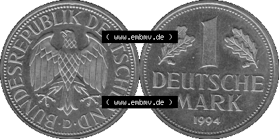BRD Deutschland Münzen 1 / Eine DM / Eine Deutsche Mark in Graustufen PNG 1950-2001, 1 DM Deutsche Mark, 1994 Münzzeichen für... Sammlung