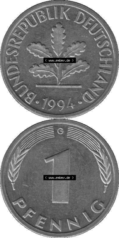 1 Pfennig BRD-Deutschland Umlaufmünze in Graustufen PNG 1950-2001, 1 Pfennig 1994, 1990er Jahre Münzstätte Karlsruhe G-01 Sammlung
