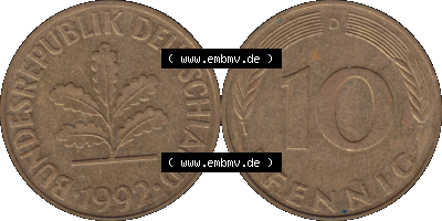 BRD Münzen 10 Pf. Umlaufmünze in PNG 1950-2001, 10 Pfennig 1992 D-01. Vorderseite und Rückseite mit Wert-Zahl auf einen Bild... Sammlung