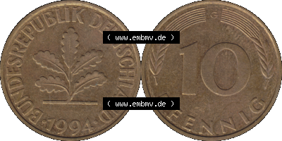 BRD Münzen 10 Pf. Umlaufmünze in PNG 1950-2001, 10 Pfennig 1994 G-12. Vorderseite und Rückseite mit Wert-Zahl auf einen Bild... Sammlung
