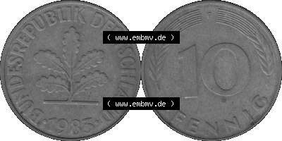 BRD Münzen 10 Pf. Umlaufmünze in PNG 1950-2001, 10 Pfennig 1985 F-01 Graustufen. Graustufen-Bild aus Farbigen Bilder mit Vorderseite... Sammlung