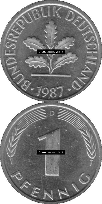 1 Pfennig Umlaufmünze in Graustufen PNG 1950-2001, 1 Pfennig 1987 München D Sammlung