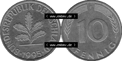 BRD Münzen 10 Pf. Umlaufmünze in PNG 1950-2001, 10 Pfennig 1995 F-02 Graustufen. Graustufen-Bild aus Farbigen Bilder mit Vorderseite... Sammlung