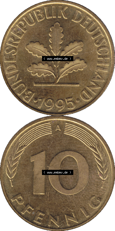 BRD Münzen 10 Pf. Umlaufmünze in PNG 1990-2001, 10 Pfennig 1995 A-01. Vorderseite und Rückseite auf einen Bild / Foto vertikal... Sammlung