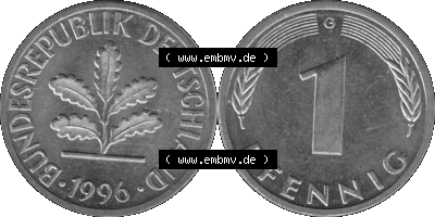1 Pfennig BRD-Deutschland Umlaufmünze in Graustufen PNG 1950-2001, 1 Pfennig 1996, 1990er Jahre Münzstätte Karlsruhe G-01 Sammlung