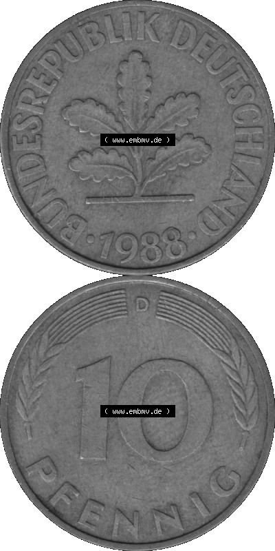 BRD Münzen 10 Pf. Umlaufmünze in PNG 1950-2001, 10 Pfennig 1988 D-10 Graustufen. Graustufen-Bild erstellt aus Farbigen Bild... Sammlung