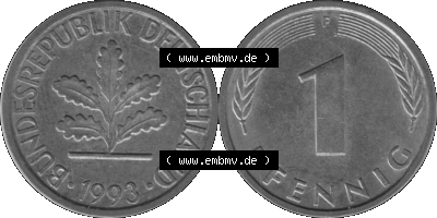 1 Pfennig Umlaufmünze in Graustufen PNG 1950-2001, 1 Pfennig 1993, 1990er Jahre Mzz. F Sammlung