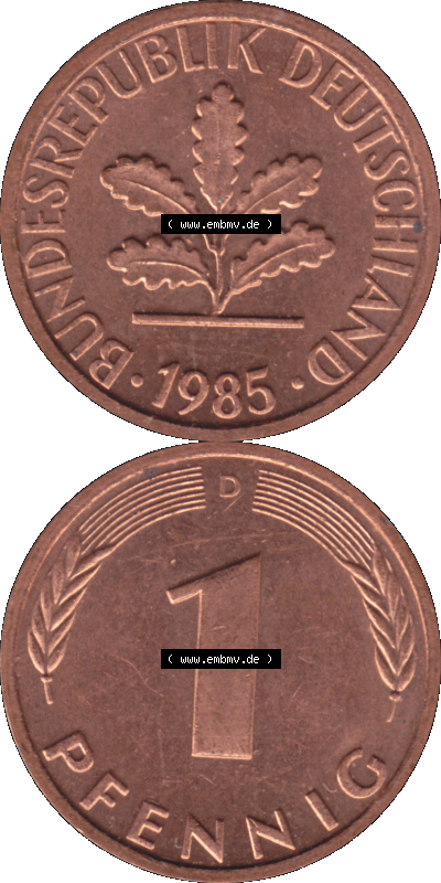 PNG 1950-2001, 1 Pfennig der BRD Deutschland 1985, 1980er Jahre Mzz. München D, 1 - Ein Pfennig Münze "D", mit Mzz. "D" für... Sammlung