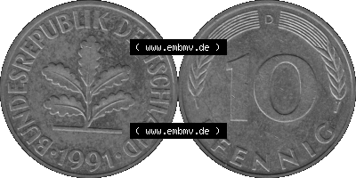 BRD Münzen 10 Pf. Umlaufmünze in PNG 1950-2001, 10 Pfennig 1991 D-01 Graustufen. Graustufen-Bilder der Vorderseite und Rückseite... Sammlung