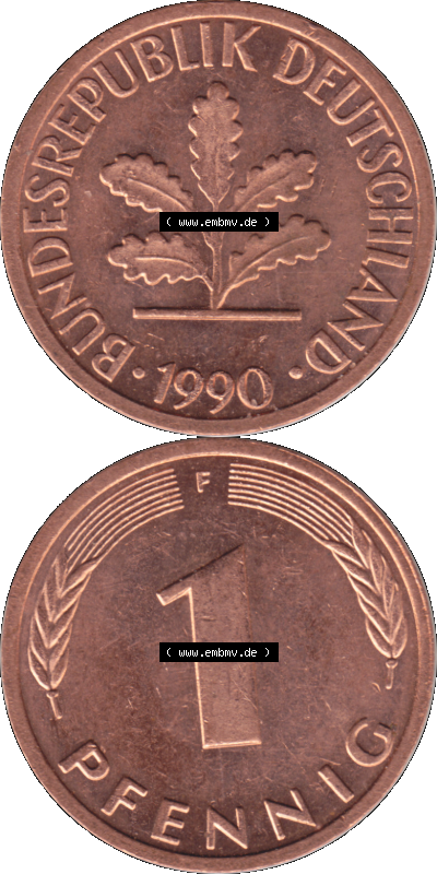 1 Pfennig Umlaufmünze in PNG 1950-2001, 1 Pfennig 1990, 1990er Jahre Stuttgart F Sammlung