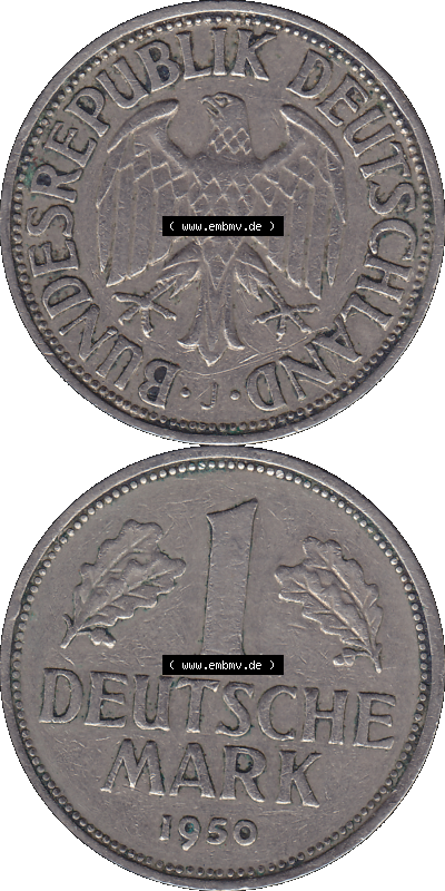 BRD Deutschland 1 / Eine DM - 1 Eine Deutsche Mark, 1950 Münzzeichen Hamburg Mzz J Sammlung