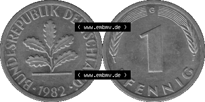 1 Pfennig BRD-Deutschland Umlaufmünze in Graustufen PNG 1950-2001, 1 Pfennig 1982, 1980er Jahre Münzstätte Karlsruhe G-01 Sammlung