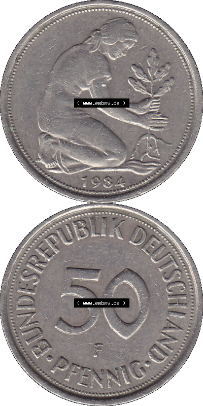 PNG 1950-2001, 50 Pfennig BRD Deutschland 1984 Münzstätte Stuttgart mit Mzz. F Sammlung