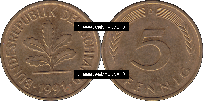 5 Pfennig Deutschland der BRD, 1991 Münzstätte München Mzz. D Sammlung