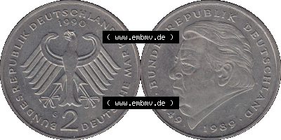 2 DM, Deutsche Mark Franz Josef Strauß 1990 Münzzeichen Karlsruhe G Sammlung