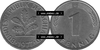 1 Pfennig Umlaufmünze in Graustufen PNG 1950-2001, 1 Pfennig 1977 München D Sammlung