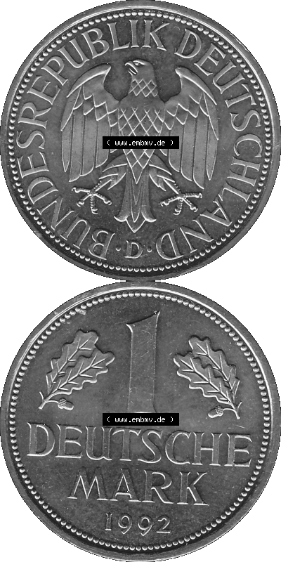 BRD Deutschland Münzen 1 / Eine DM / Eine Deutsche Mark in Graustufen PNG 1950-2001, 1 DM Deutsche Mark, 1992 Münzzeichen für... Sammlung