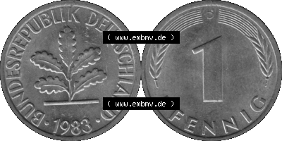 1 Pfennig Umlaufmünze in Graustufen PNG 1950-2001, 1 Pfennig 1983 München D Sammlung