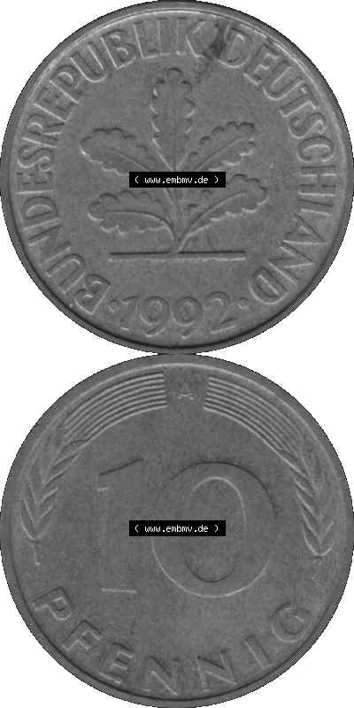 BRD Münzen 10 Pf. Umlaufmünze in PNG 1990-2001, 10 Pfennig 1992 A-01 Graustufen. Graustufen-Bilder mit Vorderseite und Rückseite... Sammlung
