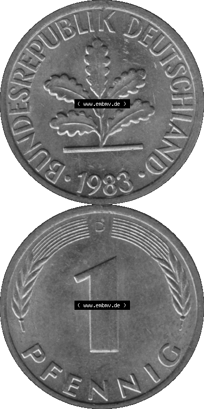 1 Pfennig Umlaufmünze in Graustufen PNG 1950-2001, 1 Pfennig 1983 München D Sammlung