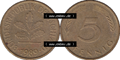 BRD Münzen 5 Pf., Umlaufmünze 1950-2001, 5 Pfennig, 1989 J-01. PNG Computer-Grafik einer digitalisierten 5 Pfennig Münze aus... Sammlung