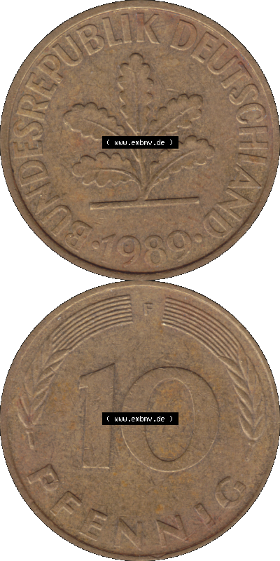 BRD Münzen 10 Pf. Umlaufmünze in PNG 1950-2001, 10 Pfennig 1989 F-03. Vorderseite und Rückseite auf einen Bild / Foto vertikal... Sammlung