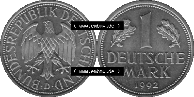 BRD Deutschland Münzen 1 / Eine DM / Eine Deutsche Mark in Graustufen PNG 1950-2001, 1 DM Deutsche Mark, 1992 Münzzeichen für... Sammlung
