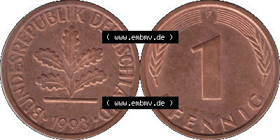 1 Pfennig Umlaufmünze in PNG 1950-2001, 1 Pfennig 1993, 1990er Jahre Stuttgart F Sammlung