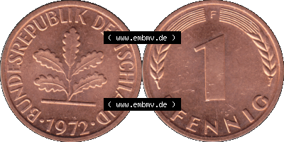 1 Pfennig Umlaufmünze in PNG 1950-2001, 1 Pfennig 1972, 1970er Jahre Stuttgart F, 1 / Ein - Pfennig BRD F, mit Mzz. F für Münzstätte... Sammlung