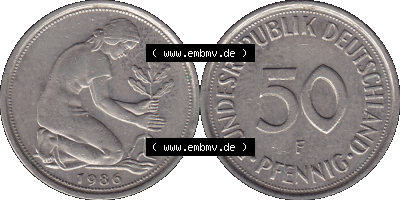 BRD Münzen 50 Pf. Umlaufmünze in PNG 1950-2001, 50 Pfennig 1986 F-01. Vorderseite und Rückseite mit Wert-Zahl auf einen Bild... Sammlung