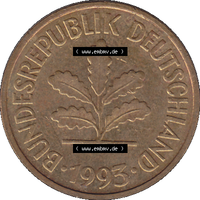 BRD Münzen 5 Pf., Umlaufmünze 1950-2001, 5 Pfennig, 1993 J-01. PNG Computer-Grafik einer digitalisierten 5 Pfennig Münze, Vorderseite... Sammlung