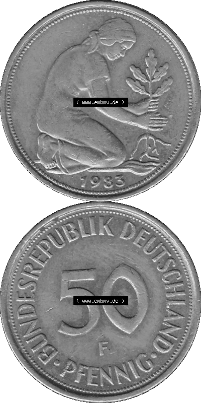 BRD Münzen Deutschland F 50 Pf. Umlaufmünze in Graustufen PNG 1950-2001, 50 Pfennig 1983 Münzzeichen "F" für Stuttgart - "F" Sammlung