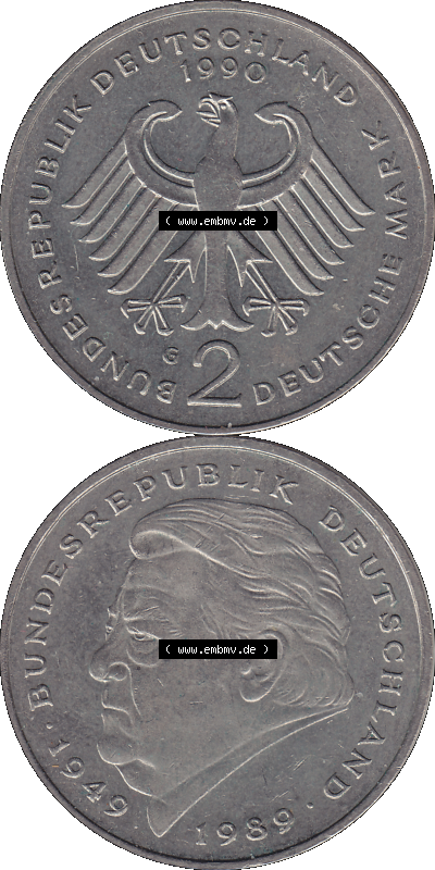 2 DM, Deutsche Mark Franz Josef Strauß 1990 Münzzeichen Karlsruhe G Sammlung