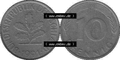 BRD Münzen 10 Pf. Umlaufmünze in PNG 1990-2001, 10 Pfennig 1991 A-01 Graustufen. Graustufen-Bilder der Vorderseite und Rückseite... Sammlung