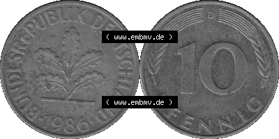 BRD Münzen 10 Pf. Umlaufmünze in PNG 1950-2001, 10 Pfennig 1986 D-01 Graustufen. Graustufen-Bilder der Vorderseite und Rückseite... Sammlung