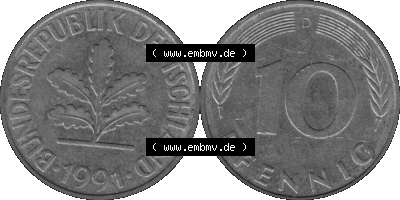 BRD Münzen 10 Pf. Umlaufmünze in PNG 1950-2001, 10 Pfennig 1991 D-10 Graustufen. Graustufen-Bilder der Vorderseite und Rückseite... Sammlung
