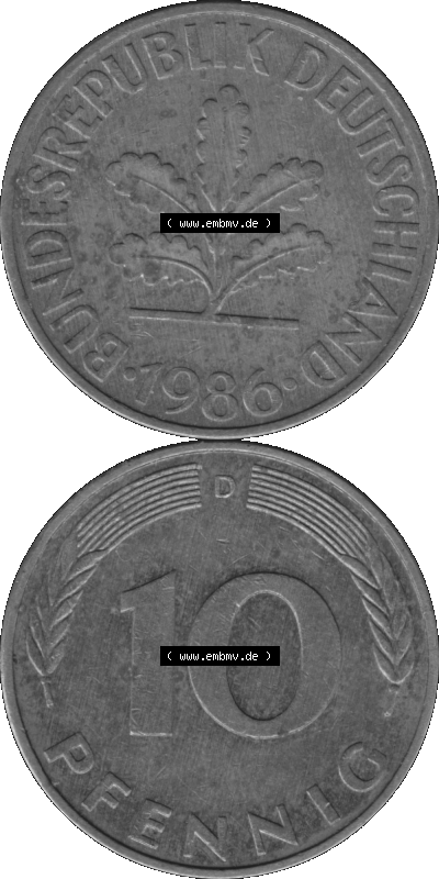 BRD Münzen 10 Pf. Umlaufmünze in PNG 1950-2001, 10 Pfennig 1986 D-01 Graustufen. Graustufen-Bild erstellt aus Farbigen Bild... Sammlung