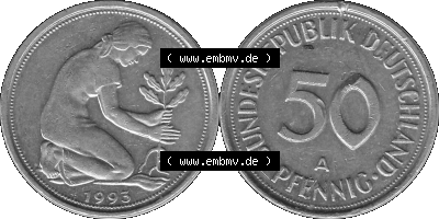 BRD Münzen Deutschland A 50 Pf. Umlaufmünze in Graustufen PNG 1990-2001, 50 Pfennig 1993 Münzzeichen "A" für Berlin - "A" Sammlung