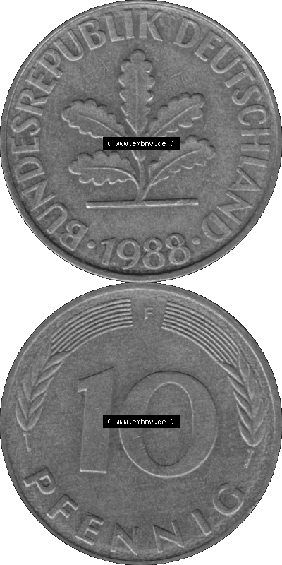 BRD Münzen 10 Pf. Umlaufmünze in PNG 1950-2001, 10 Pfennig 1988 F-01 Graustufen. Graues-Bild aus farbigen Bild erstellt mit... Sammlung