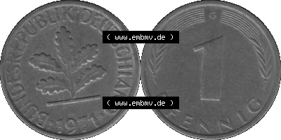 1 Pfennig BRD-Deutschland Umlaufmünze in Graustufen PNG 1950-2001, 1 Pfennig 1971, 1970er Jahre Münzstätte Karlsruhe G-01 Sammlung