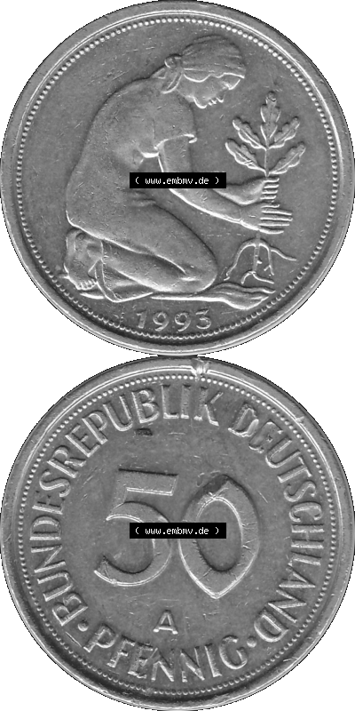 BRD Münzen Deutschland A 50 Pf. Umlaufmünze in Graustufen PNG 1990-2001, 50 Pfennig 1993 Münzzeichen "A" für Berlin - "A" Sammlung