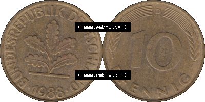 BRD Münzen 10 Pf. Umlaufmünze in PNG 1950-2001, 10 Pfennig 1988 D-13. Vorderseite und Rückseite mit Wert-Zahl auf einen Bild... Sammlung